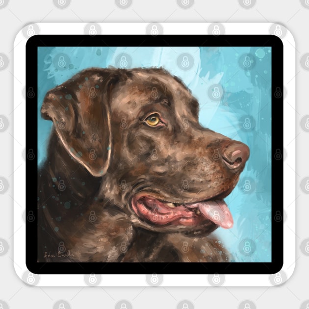 Painting of a Chocolate Labrador with Its Tongue Out, Blue Background Sticker by ibadishi